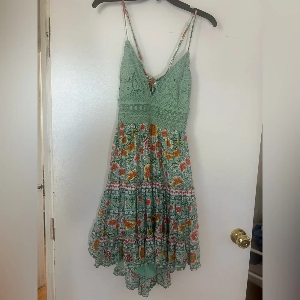 Floral Lace Trim Mini Dress in Aqua - Picture 3 of 5